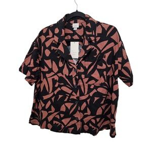 A New Day Women's Black & Rust Abstract Print Linen Blend Button-Up Short Sleev